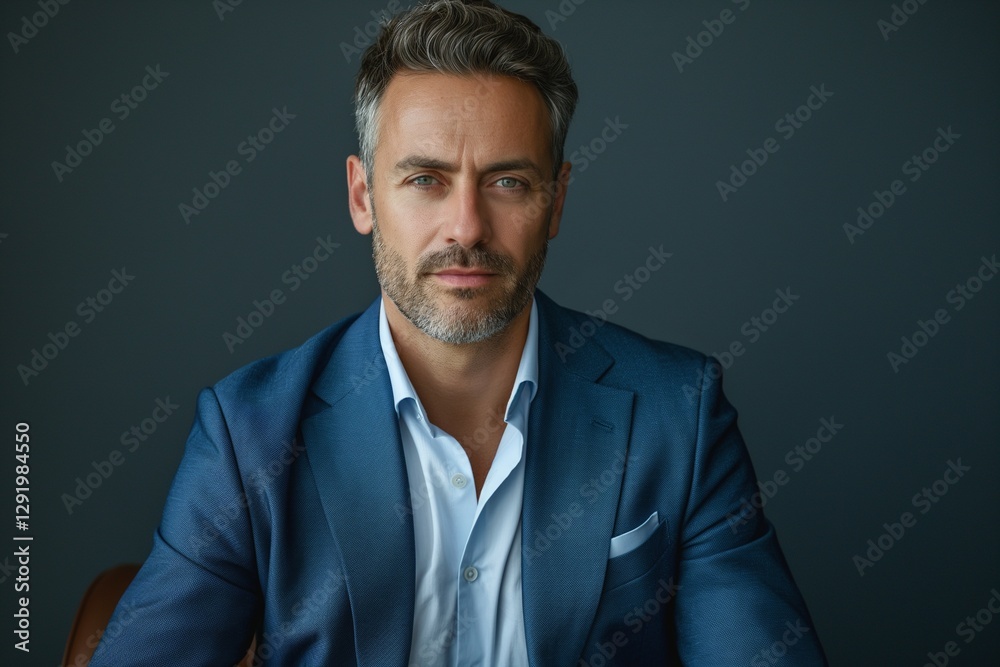 A confident middle-aged Caucasian man in a blue suit, exuding professionalism against a dark background. A confident middle-aged Caucasian man in a blue suit, exuding professionalism against a dark background.