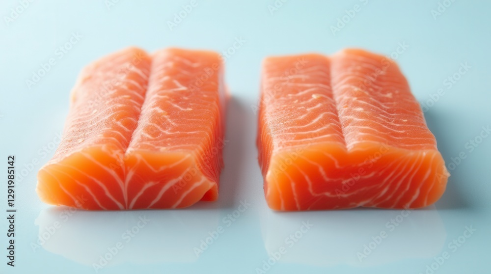 Fresh Raw Salmon Fillets on Light Blue Surface Fresh Raw Salmon Fillets on Light Blue Surface