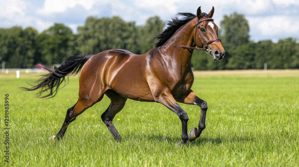 majestic horse galloping across lush green field under bright sky majestic horse galloping across lush green field under bright sky