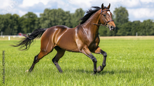 majestic horse galloping across lush green field under bright sky