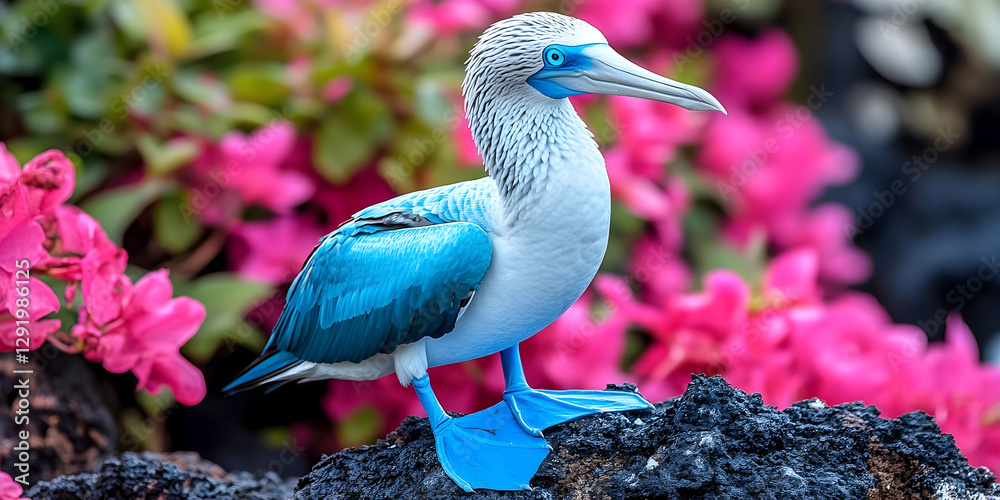 Naklejka premium Striking blue-footed booby perched on volcanic rock, surrounded by vibrant pink flowers, showcasing its vivid blue feet and unique plumage in stunning natural setting. Close-up