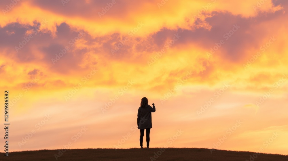 woman stands on hill at sunset with fist raised woman stands on hill at sunset with fist raised