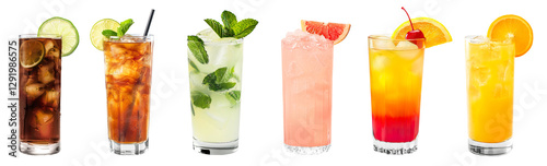 Cuba Libre, Long Island, Mojito, Paloma, Tequila Sunrise, Screwdriver cocktail transparent PNG set bundle, isolated background. Bar menu cocktails in highball glass, colorful refreshing drink garnish photo
