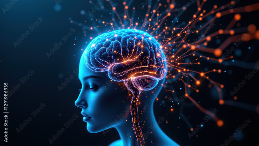 Fototapeta premium A human brain with digital elements radiating outward, symbolizing artificial general intelligence's connection to cognitive processes.