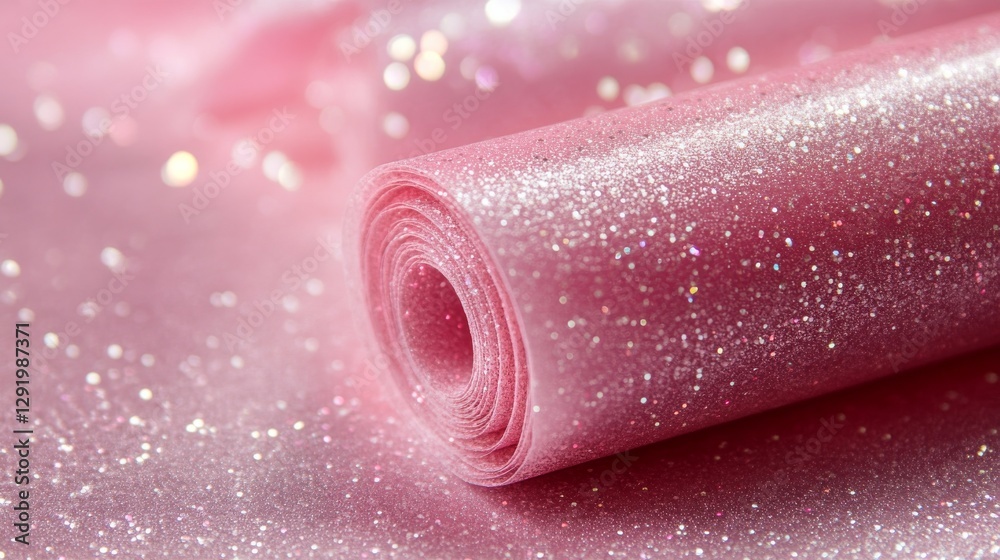 Rolled pink glitter paper with sparkling particles, elegant texture and shimmering effect. Creative art and decoration concept Rolled pink glitter paper with sparkling particles, elegant texture and shimmering effect. Creative art and decoration concept