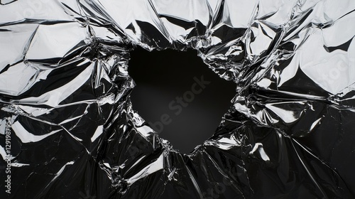 Ripped silver foil with dark hole in center, crinkled texture reflecting light. Abstract mystery and hidden depth concept
