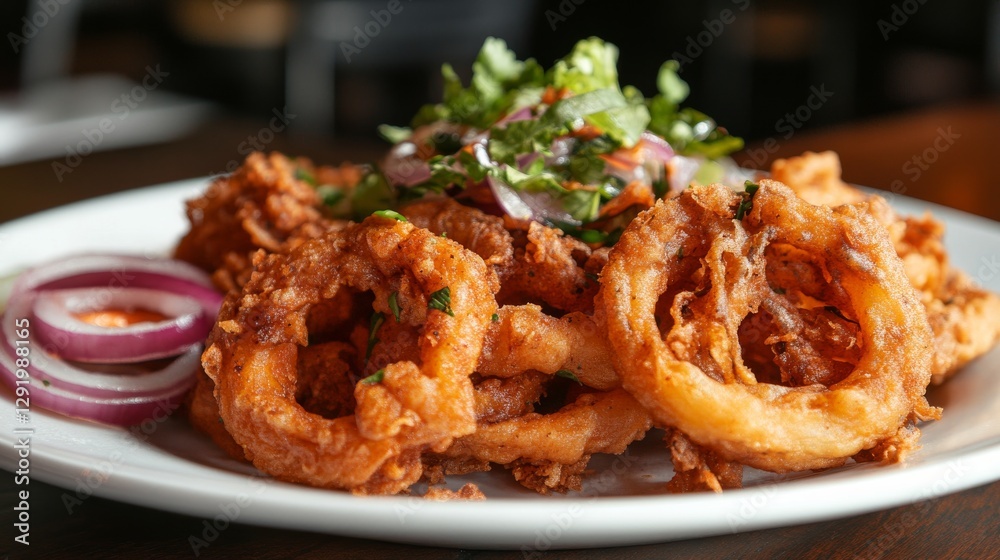 Crispy golden fried onion rings garnished with fresh herbs on a white plate. Classic appetizer with side of pickled onions. Comfort food and culinary delight concept. Crispy golden fried onion rings garnished with fresh herbs on a white plate. Classic appetizer with side of pickled onions. Comfort food and culinary delight concept.