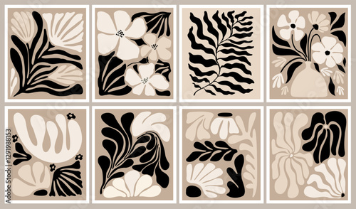 Set of abstract floral posters. Botanical prints in trendy scandinavian, japandi style, modern black beige wall art. Naive groovy hippie interior decoration, painting. Monochrome vector illustrations.
