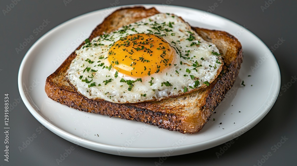 Fried egg on toasted bread on white plate Fried egg on toasted bread on white plate