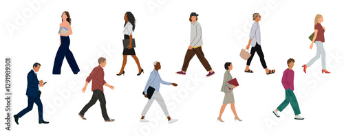 Set of Various business people walking. Modern men and women different ethnicities, ages, body types in summer smart casual and formal office outfits with phone, folder, bags. Vector isolated.