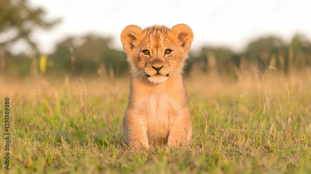 Obraz premium Lion cub sitting in savanna grassland at sunset