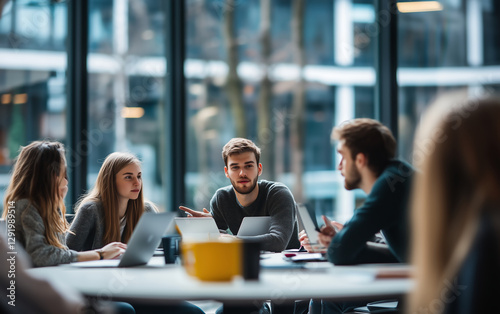 A young man in white shirt sits at the table with Laptop and looks into it, he is surrounded by three people who look like his employees or colleagues