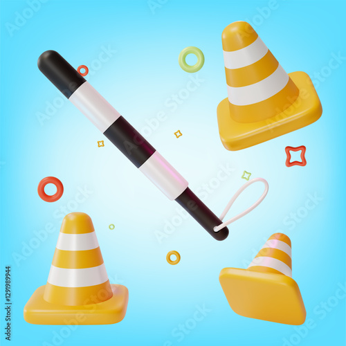 3d Orange Plastic Cones and Traffic Police Stick Set Cartoon Design Style Safety on Road Concept. Vector illustration of Caution Sign
