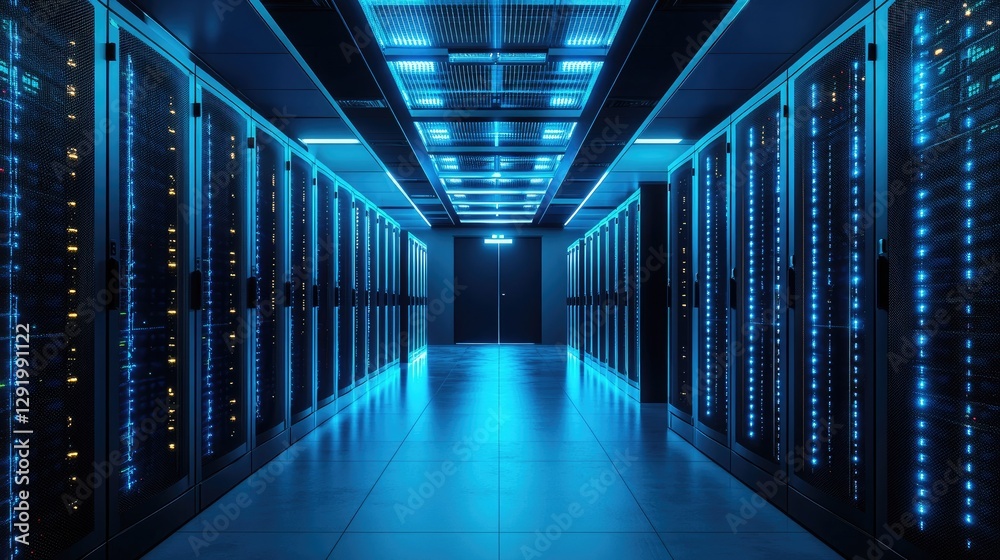 High-tech data center with illuminated blue server racks, symbolizing cybersecurity, cloud storage, and IT infrastructure. Ideal for digital security, networking, and cloud computing concepts High-tech data center with illuminated blue server racks, symbolizing cybersecurity, cloud storage, and IT infrastructure. Ideal for digital security, networking, and cloud computing concepts