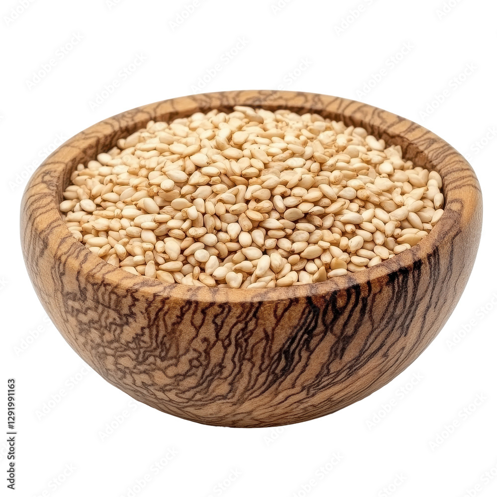 Sesame seeds in a wooden bowl isolated on a Transparent background showcasing their natural texture and color, Sesame seeds in a wooden bowl isolated on PNG background Sesame seeds in a wooden bowl isolated on a Transparent background showcasing their natural texture and color, Sesame seeds in a wooden bowl isolated on PNG background