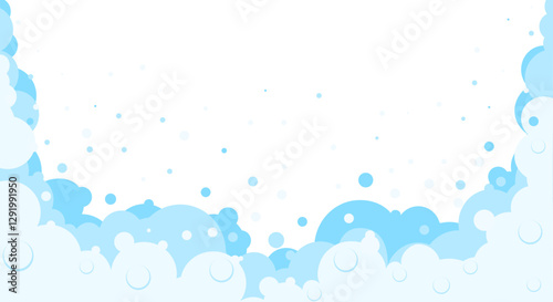 Foam bubbles frame. Cartoon bubbles shampoo, bubble bath Soap border. Blue flat bubbles. Cleaning and washing products .  Bathroom laundry and hygiene concept . Vector background