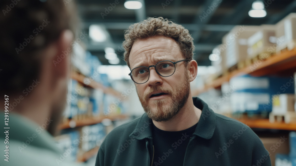 Manager and colleague engaging in a focused discussion about logistics and distribution strategies within a busy warehouse storage room Manager and colleague engaging in a focused discussion about logistics and distribution strategies within a busy warehouse storage room