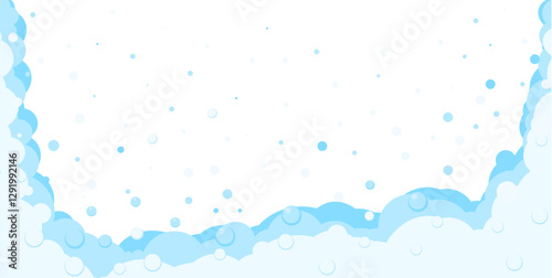 Foam bubbles frame. Cartoon bubbles of shampoo, bubble bath, soap border background. Blue flat bubbles.Cleaning products Vector illustration