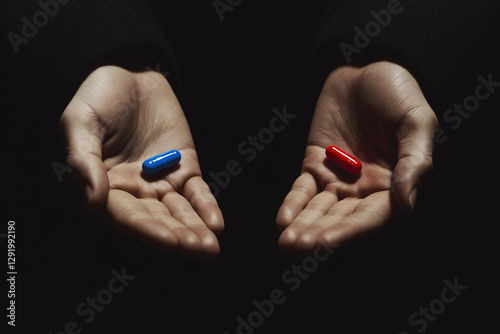 Choice: A pair of hands, cupped and illuminated against a dark backdrop, presents a defining moment, blue and red pills in a moment of introspection and decision.