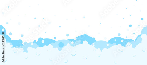 Foam bubbles frame. Cartoon bubbles shampoo, bubble bath Soap border. Blue flat bubbles.Cleaning and washing products .  Vector background