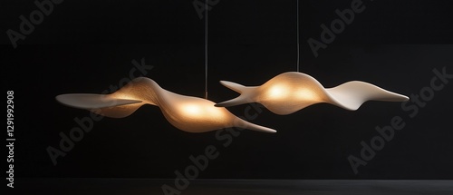 Two pendant lights hanging from the ceiling in a dark room. the lights are made of a light-colored material, possibly wood or metal, and have a wave-like shape. photo