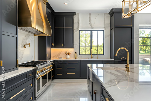 Modern kitchen interior with marble countertops, black cabinetry, and gold accents