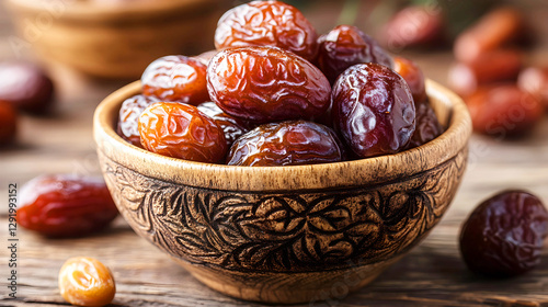 Traditional Persian Ceramic Bowl Filled with Delectable Dates
