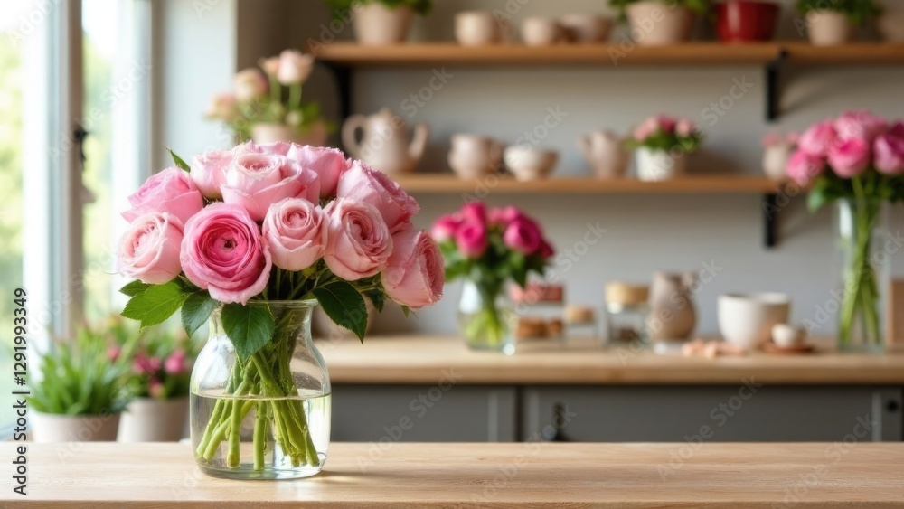 Fototapeta premium bouquet of fresh flowers, composition of delicate pink roses in a glass vase, interior of a flower shop, pastel shades, copy space, free space for text
