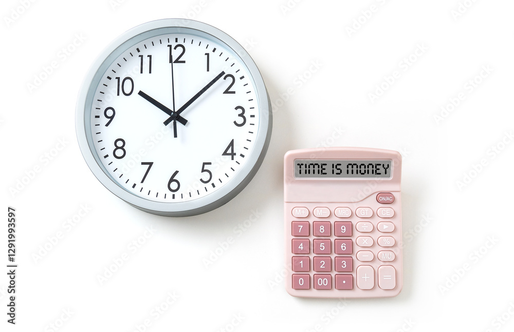 Time is money - text on calculator. Calculator and round clock - business management concept Time is money - text on calculator. Calculator and round clock - business management concept