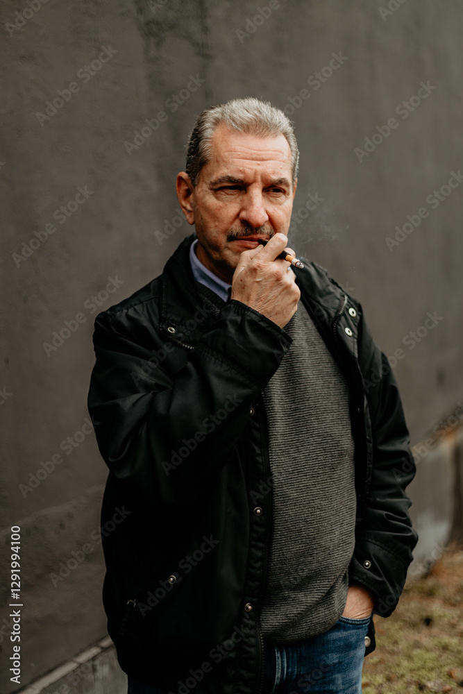 Fototapeta premium Man thoughtfully pondering against a grey wall in an urban setting