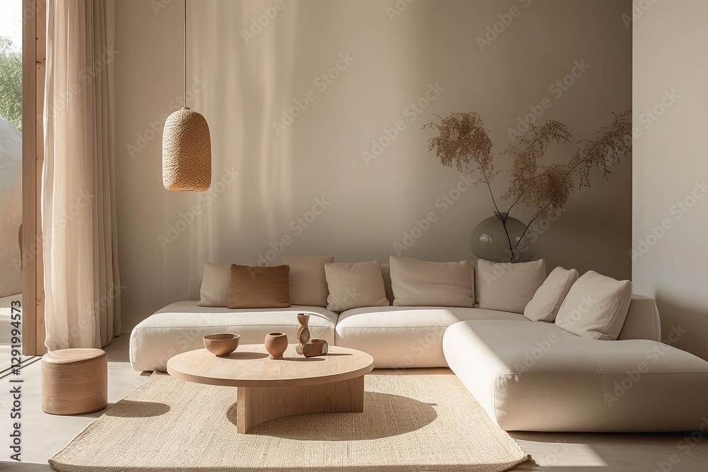 Fototapeta premium Beige minimalist living room with natural light, modern furniture, and dried flower centerpiece