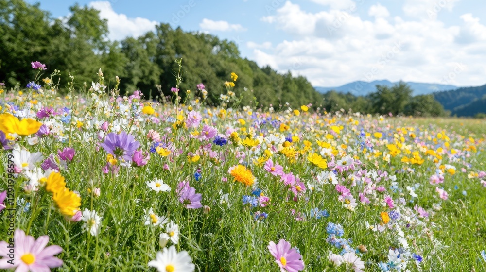 Colorful meadow flowers under a blue sky. Possible use Stock photo of a vibrant flower field Colorful meadow flowers under a blue sky. Possible use Stock photo of a vibrant flower field