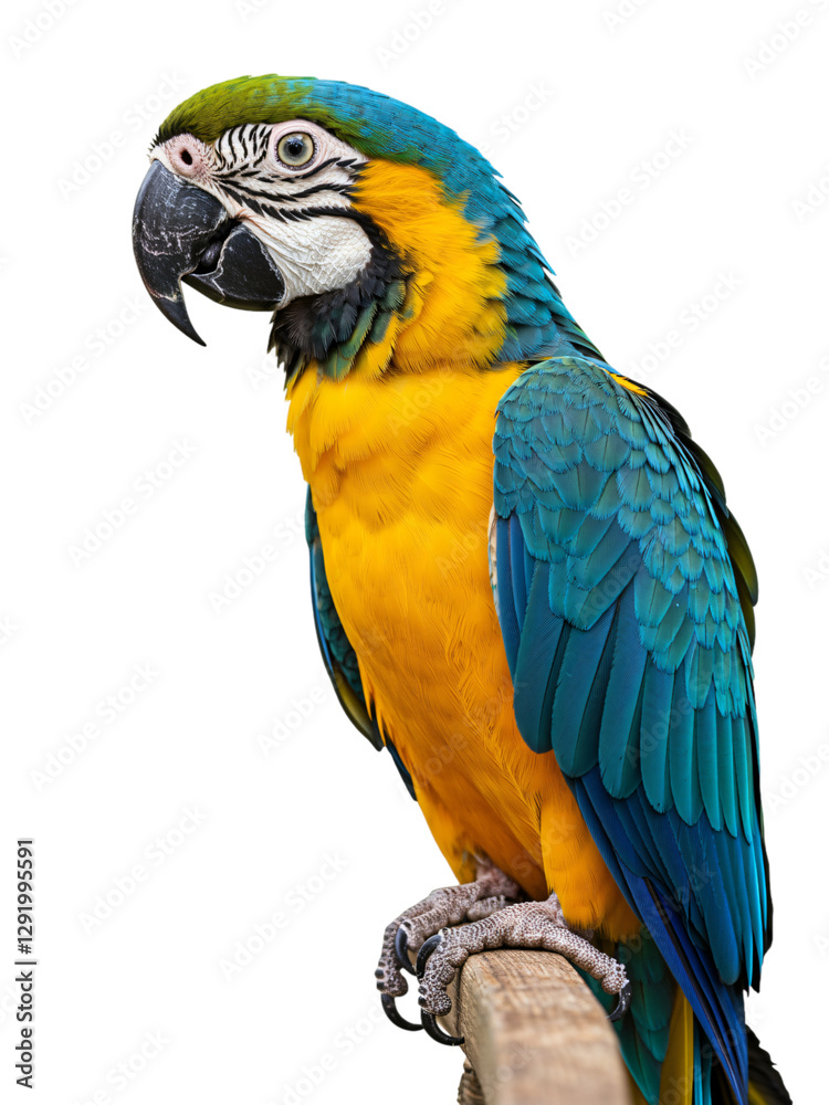 Blue and gold Macaw: A vibrant portrait of a blue and gold macaw perched on a wooden branch transparent png background Blue and gold Macaw: A vibrant portrait of a blue and gold macaw perched on a wooden branch transparent png background