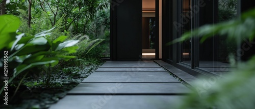 Long, narrow walkway in a tropical garden. the walkway is made of grey tiles and is surrounded by lush greenery on both sides. photo