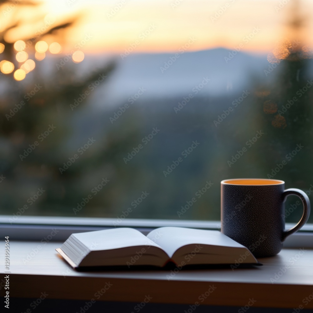 Open Book and Mug by Window at Sunset