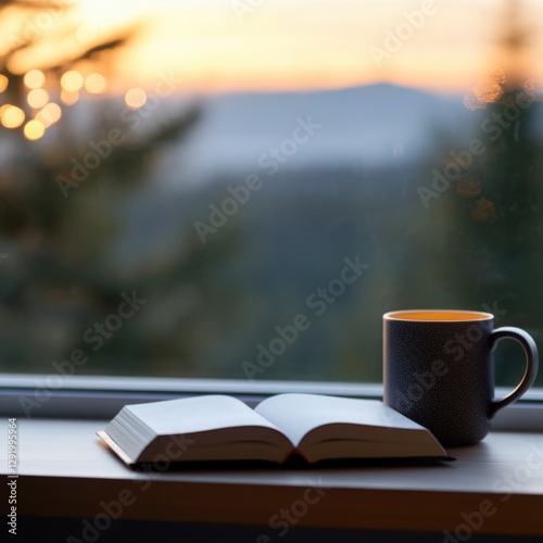 Obraz na płótnie Open Book and Mug by Window at Sunset w salonie