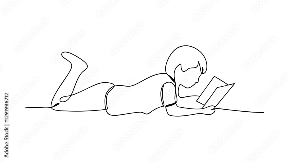 Obraz premium A singleline drawing depicts a child lying on the floor, engrossed in reading a book. Simple, minimalist style. Relaxed posture suggests leisure time.