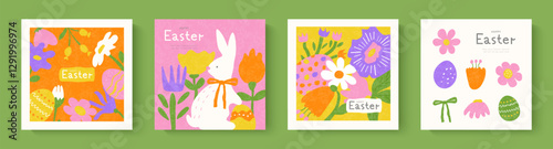 Happy Easter set of cards with cute hand drawn Easter bunnies, spring flowers and Easter eggs . Modern design with grainy texture. Collection of templates, cards, web banners or holiday covers in