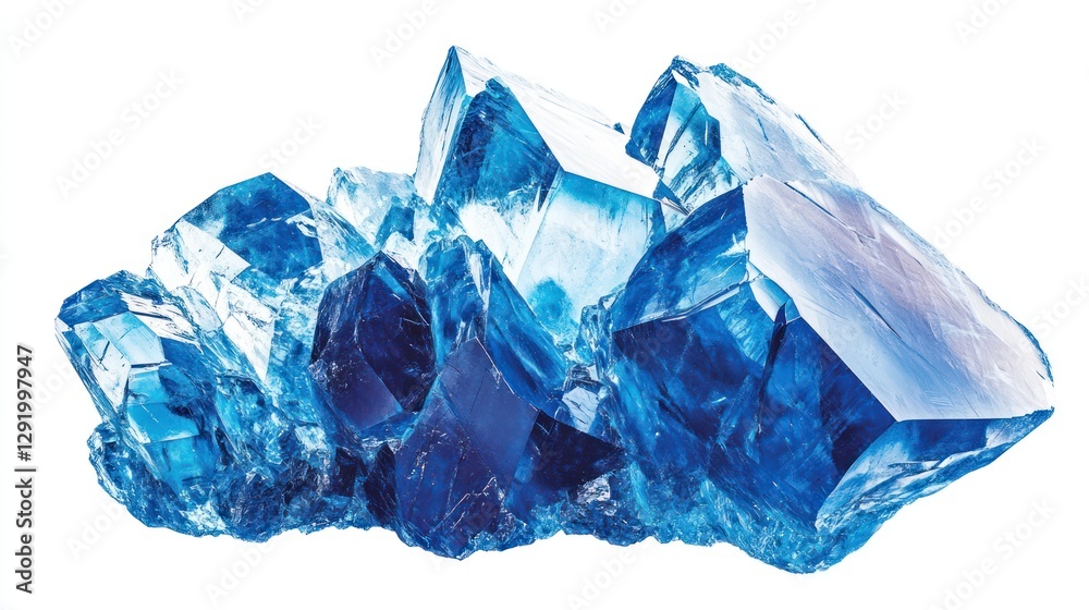 Fototapeta premium Blue crystal cluster on white background, science, geology