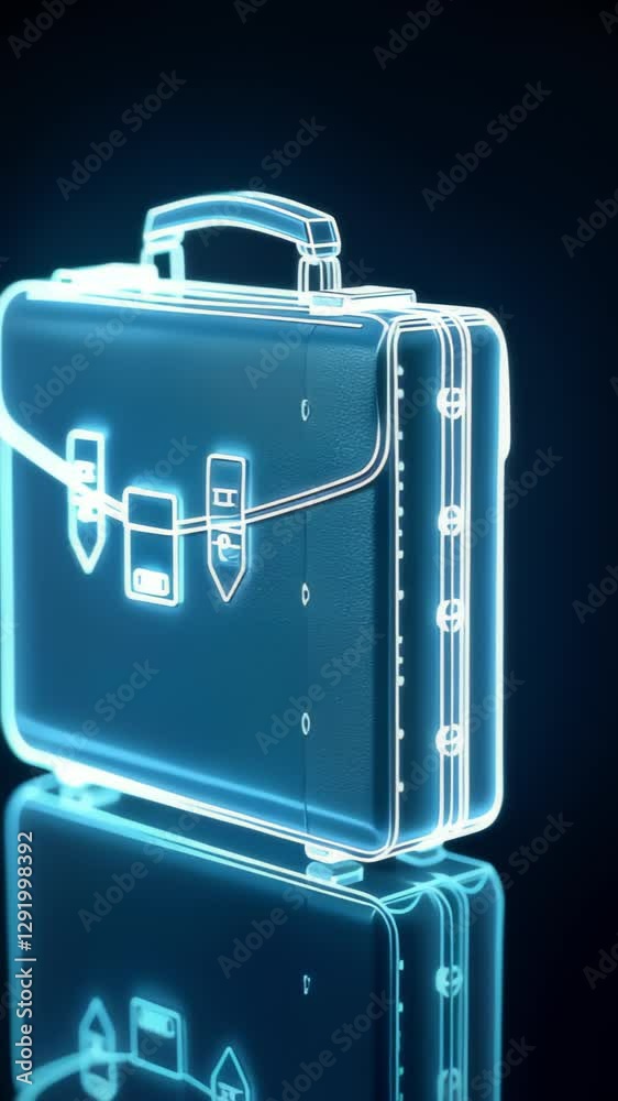 A neon-outlined suitcase stands prominently against a dark background, creating a modern and futuristic vibe. the reflective surface adds depth, enhancing the high-tech, sleek design. A neon-outlined suitcase stands prominently against a dark background, creating a modern and futuristic vibe. the reflective surface adds depth, enhancing the high-tech, sleek design.