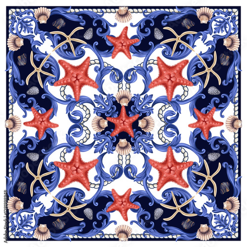 Design scarf with baroque elements, rope, sea stars. Vector.