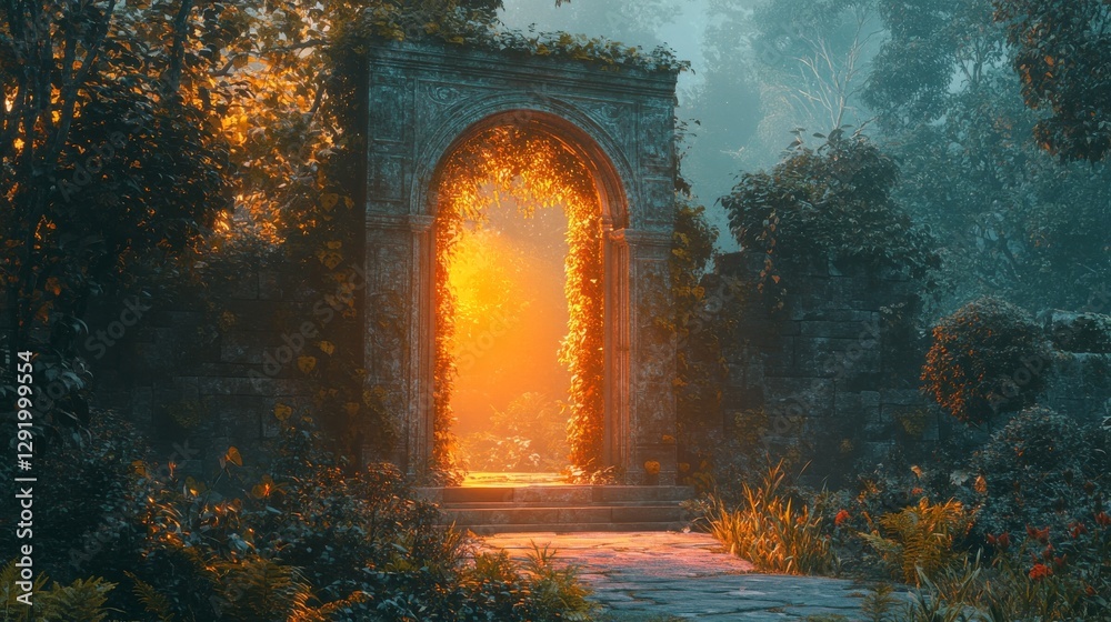 Fototapeta premium Glowing portal-style yard gate opening into a mysterious garden.