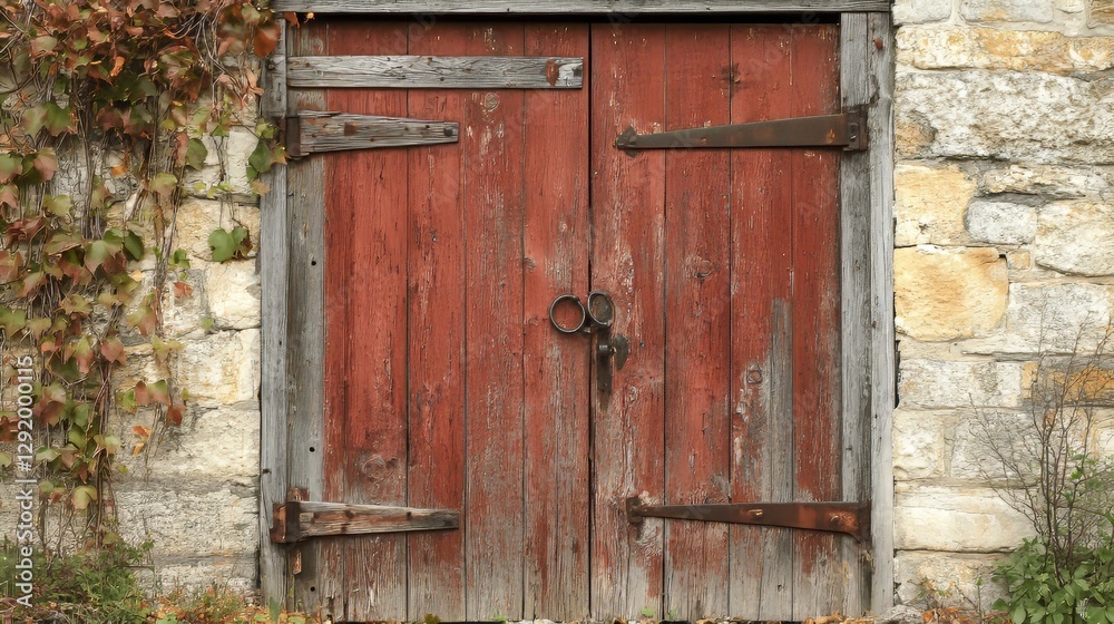 Rustic barn-style yard door with iron hinges and a weathered look. Rustic barn-style yard door with iron hinges and a weathered look.