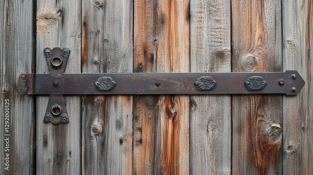 Rustic barn-style yard door with iron hinges and a weathered look. Rustic barn-style yard door with iron hinges and a weathered look.