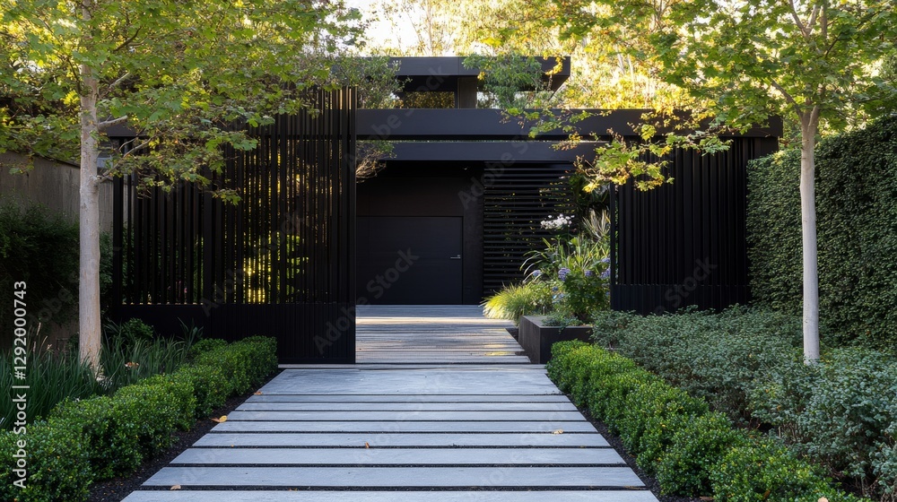 Sleek black metal gate with horizontal slats in a minimalist yard. Sleek black metal gate with horizontal slats in a minimalist yard.