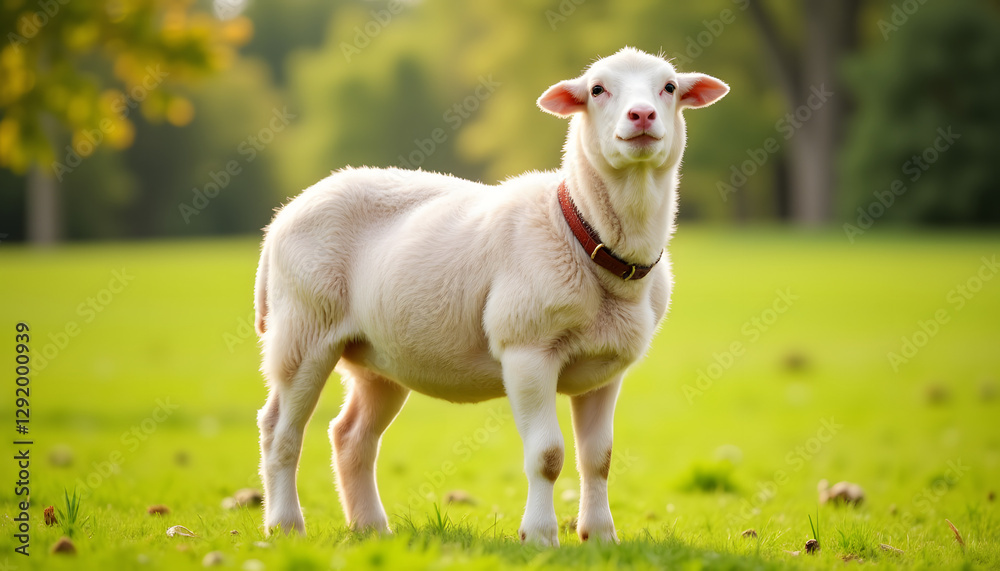 Obraz premium Adorable sheep standing in lush green field during sunny day 