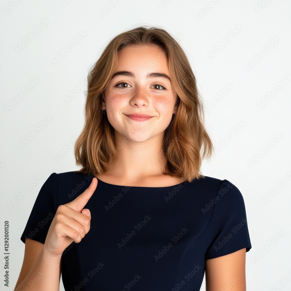 Woman Points with Finger Upward for Attention. Woman Points with Finger Upward for Attention.