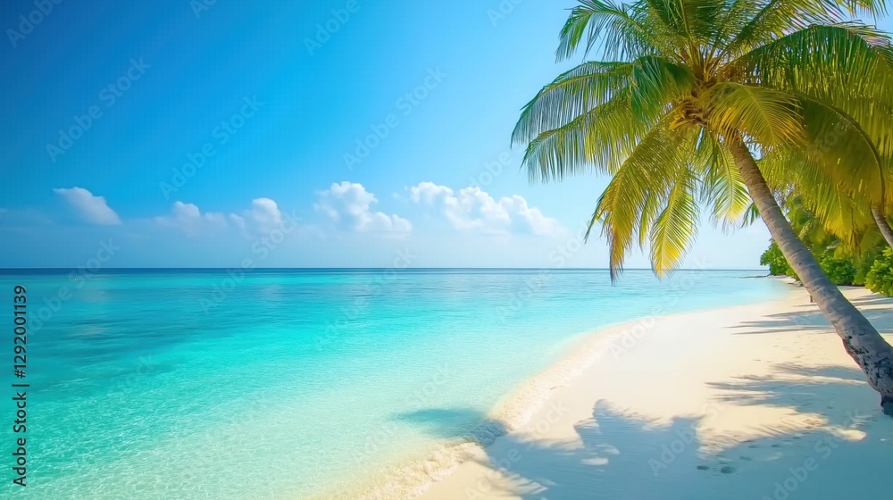 Tropical beach with palm trees and clear turquoise water during sunny midday hours in a serene coastal environment Tropical beach with palm trees and clear turquoise water during sunny midday hours in a serene coastal environment
