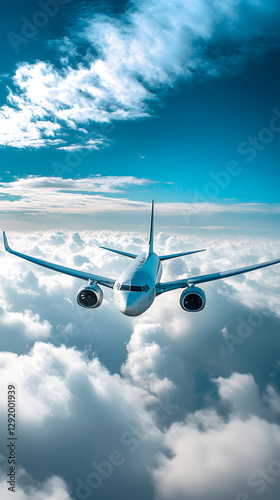 A white airplane flying in the sky, surrounded by clouds.
