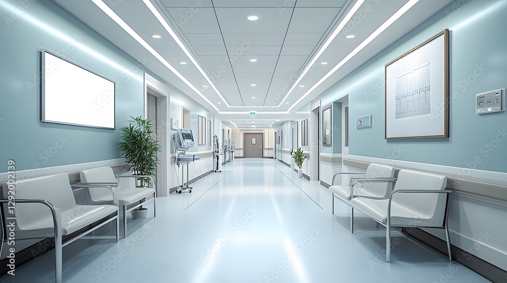 A mockup of an empty white poster on the wall in modern hospital waiting room with comfortable chairs and medical equipment. empty white blank poster on white wall in hospital, white board A mockup of an empty white poster on the wall in modern hospital waiting room with comfortable chairs and medical equipment. empty white blank poster on white wall in hospital, white board